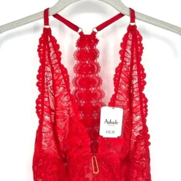 NWT Aubade Flowermania Lace Bodysuit Racerback Sheer Red Stretch Cheeky Size S - Picture 9 of 15